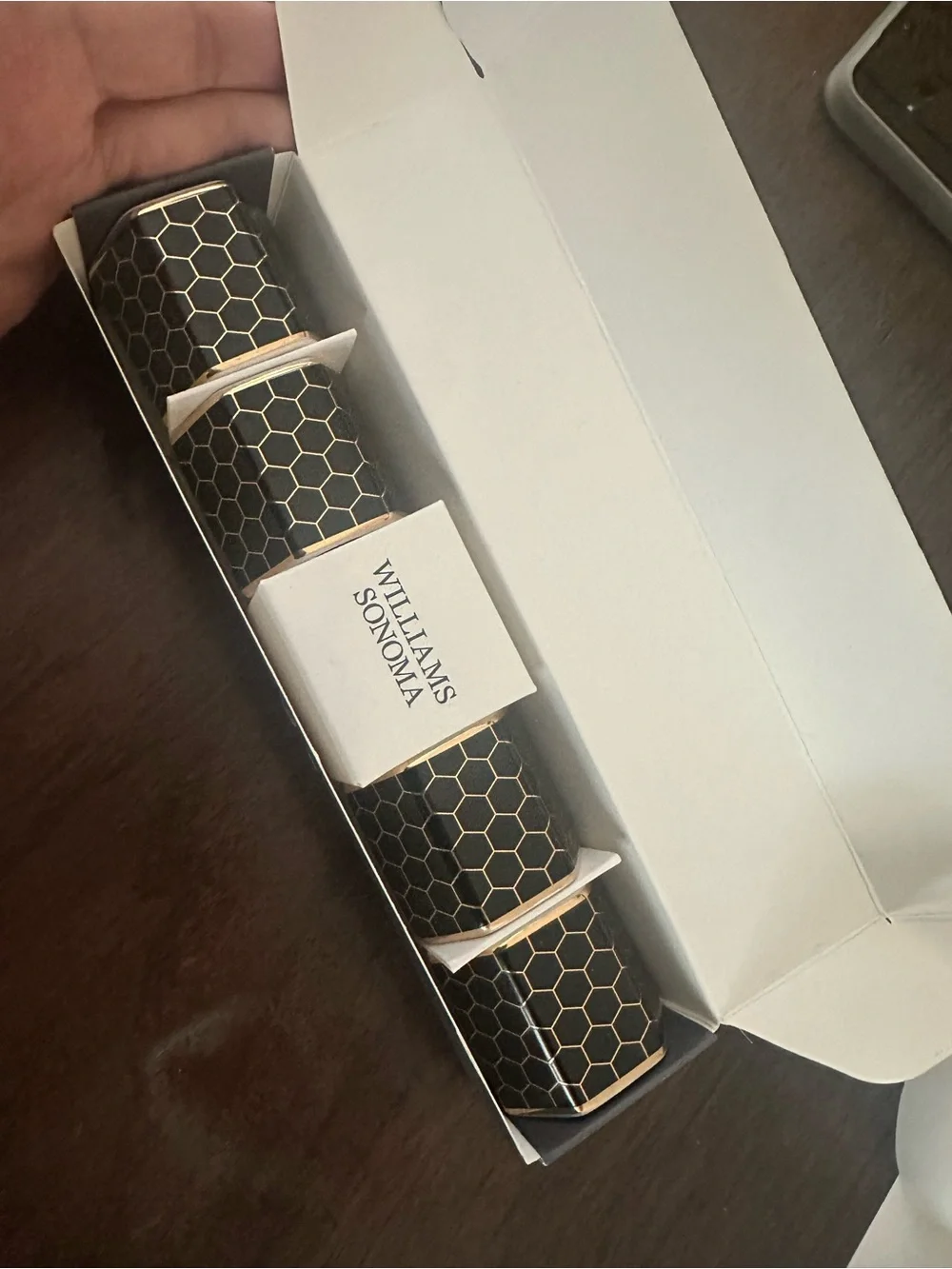 Williams Sonoma Gold and Black Honeycomb Napkin Rings, Set of 4
